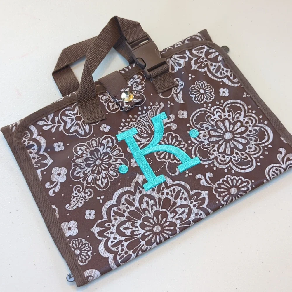 Thirty -one, brown floral cosmetic bag. Personalized initial K